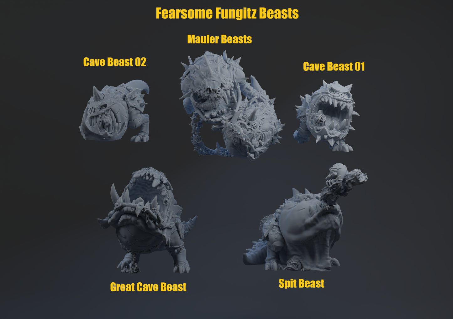 Five different models of 'Fearsome Fungitz Beasts' on a dark background