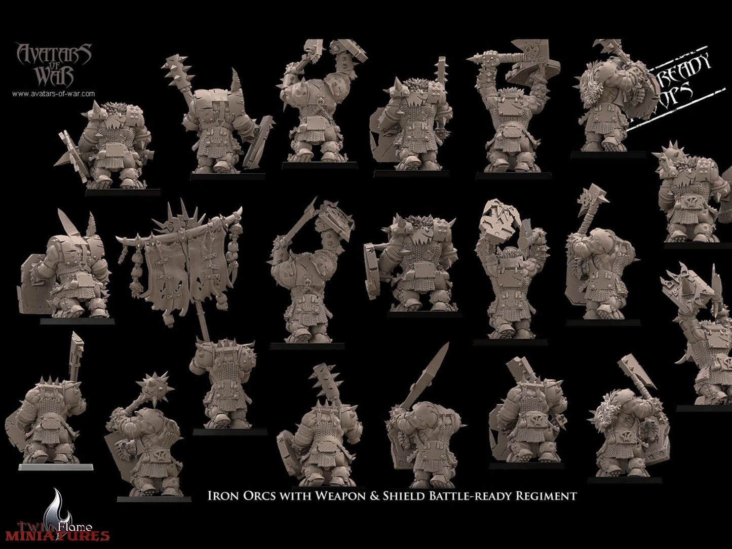 20 Armoured Iron Orcs with Weapons & Shield Battle-Ready Regiment (with Classic Command Group)
