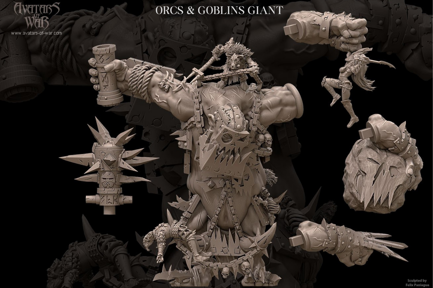 Giant orc figurine with various parts on a black background