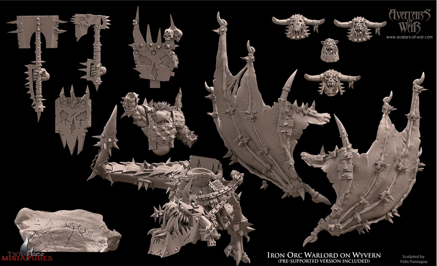 Iron Orc Warlord on Wyvern | Mounted Orc Hero & Monster Miniature