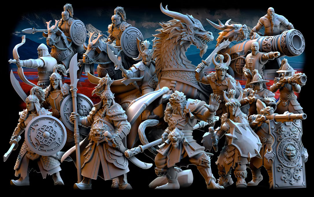 Heavily armoured Imperial Astarii Empire warriors, including infantry, cavalry, and artillery units, posed together in a detailed fantasy miniature set.