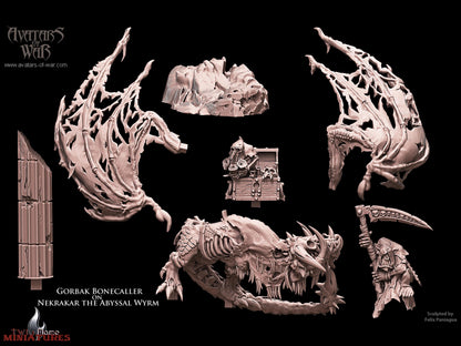 Gorvak Bonecaller and the Blackfang Host | Undead Orcs & Goblins Skeleton Battle-Ready Regiment + Necromancer on Wyrm