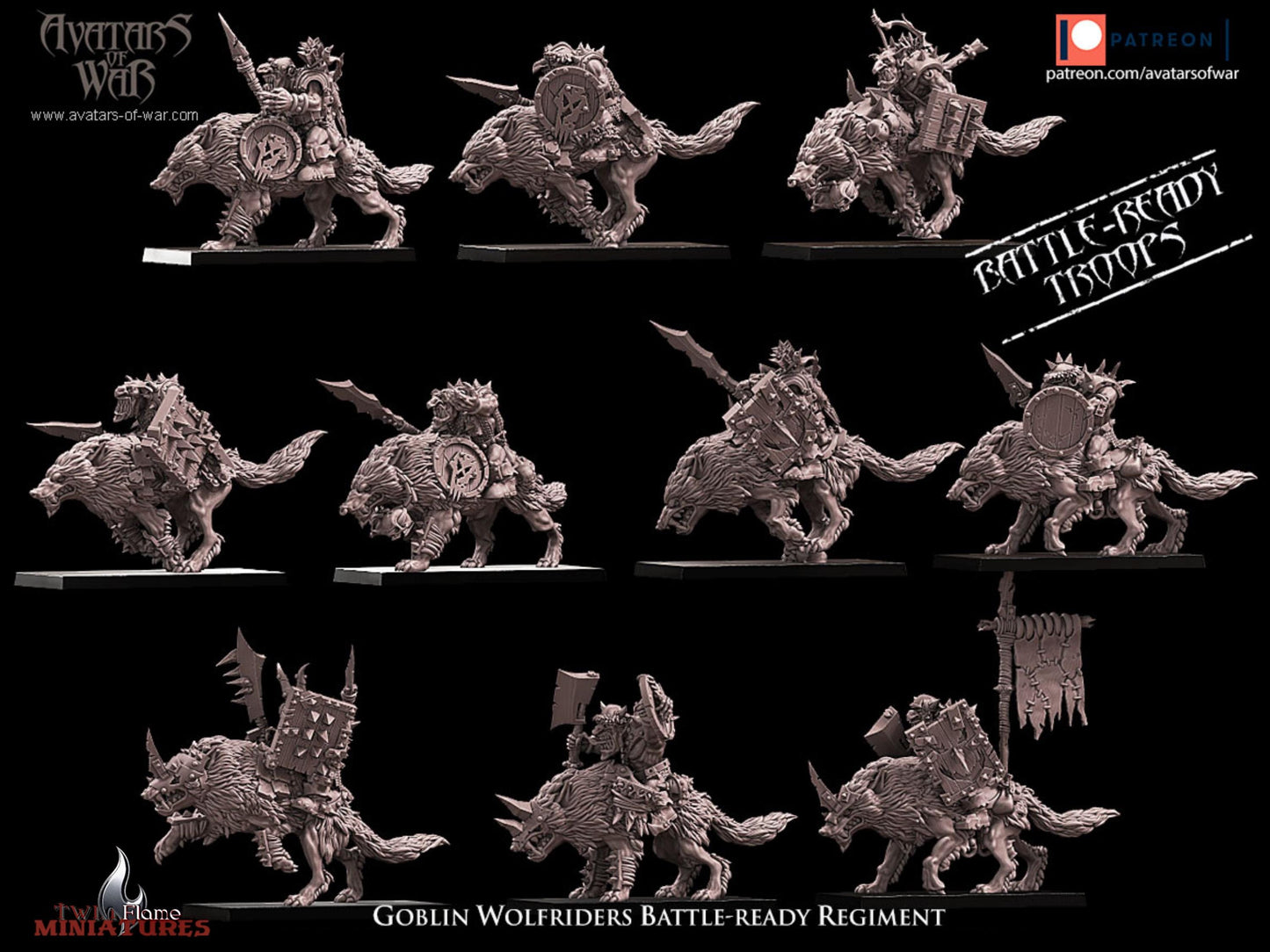 10 Battle-Ready Goblin Wolf Riders Regiment with Weapon and Shield