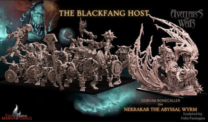 Gorvak Bonecaller and the Blackfang Host | Undead Orcs & Goblins Skeleton Battle-Ready Regiment + Necromancer on Wyrm