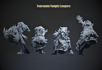 Four gray fantasy figurines labeled 'Fearsome Fungitz Leapers' on a dark background