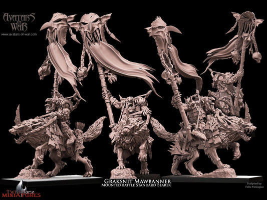 𝐆𝐫𝐚𝐤𝐬𝐧𝐢𝐤 𝐌𝐚𝐰𝐛𝐚𝐧𝐧𝐞𝐫 Goblin Battle Standard Bearer on Wolf | Battle-Ready