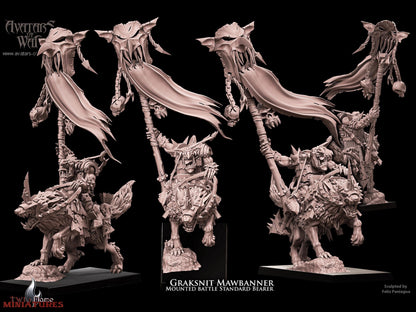 𝐆𝐫𝐚𝐤𝐬𝐧𝐢𝐤 𝐌𝐚𝐰𝐛𝐚𝐧𝐧𝐞𝐫 Goblin Battle Standard Bearer on Wolf | Battle-Ready