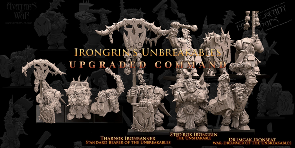 Collection of Irongrim Unbreakable miniatures with detailed text labels on a dark background