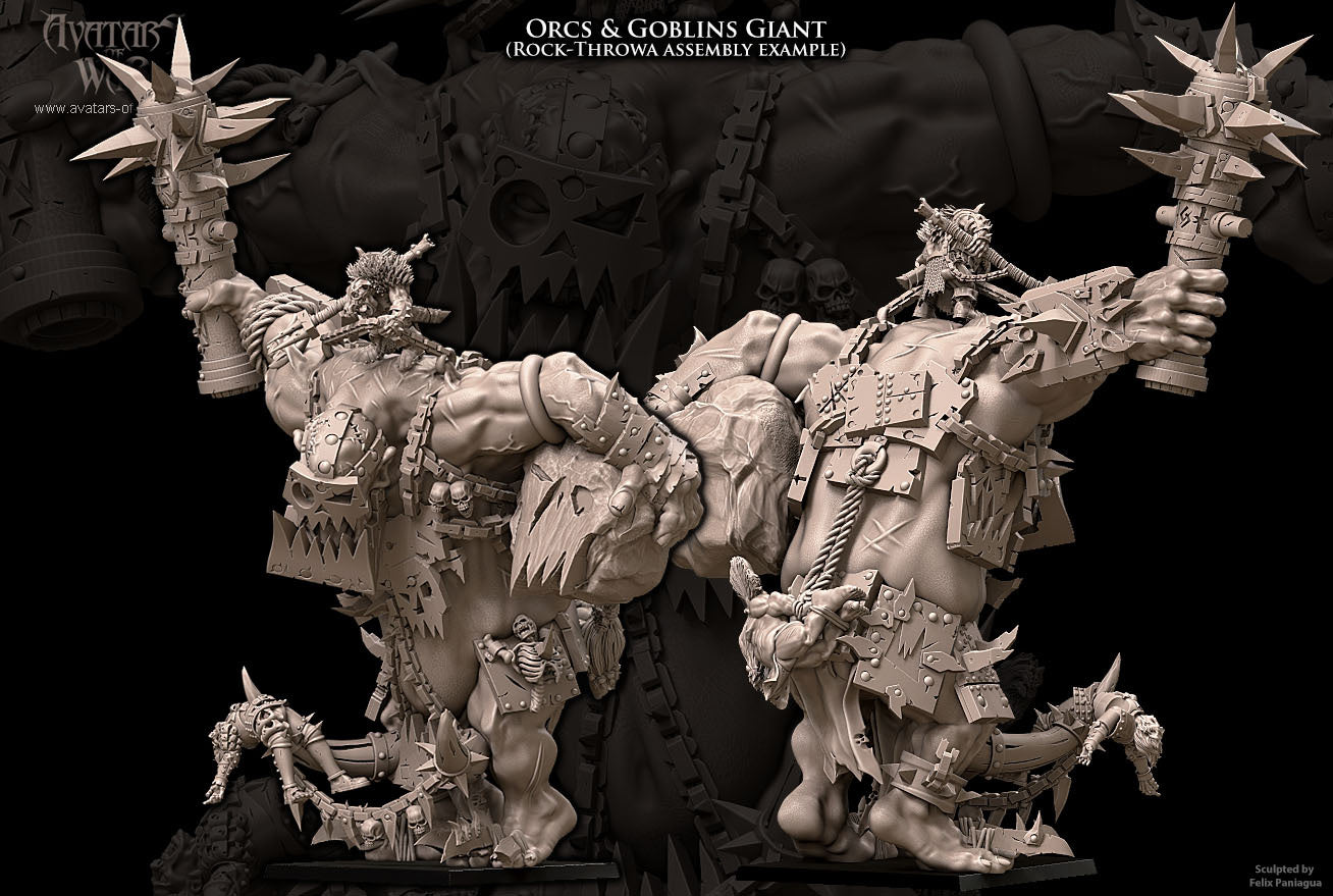 Detailed model of an orc and goblin giant with intricate armor and weapons on a dark background.