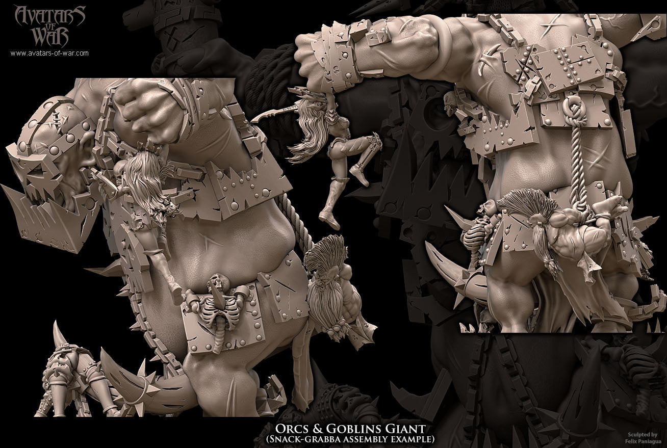 Close-up of detailed orcs and goblins figures with armor and weapons on a black background.