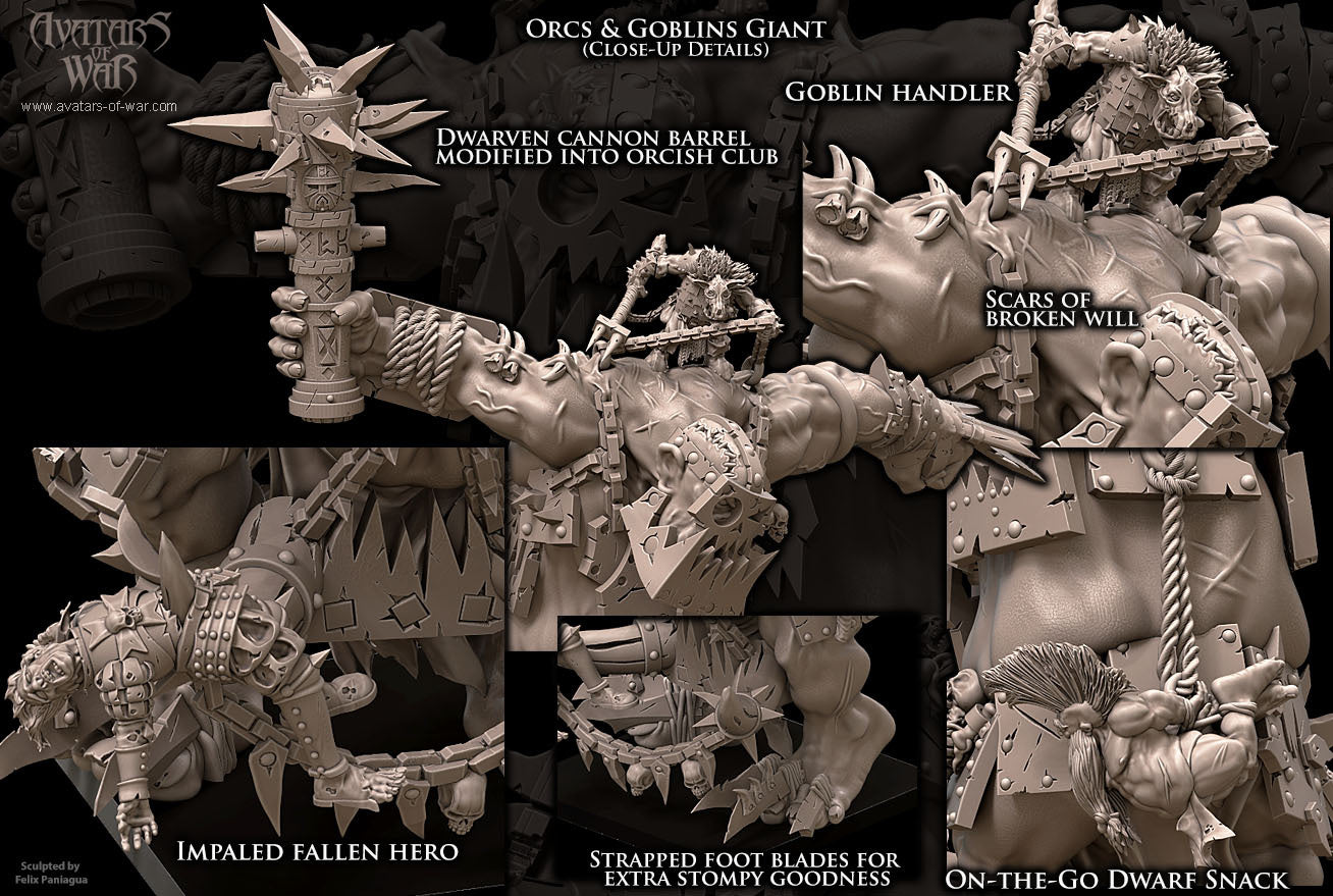 Close-up details of a fantasy miniature figure with various components labeled.