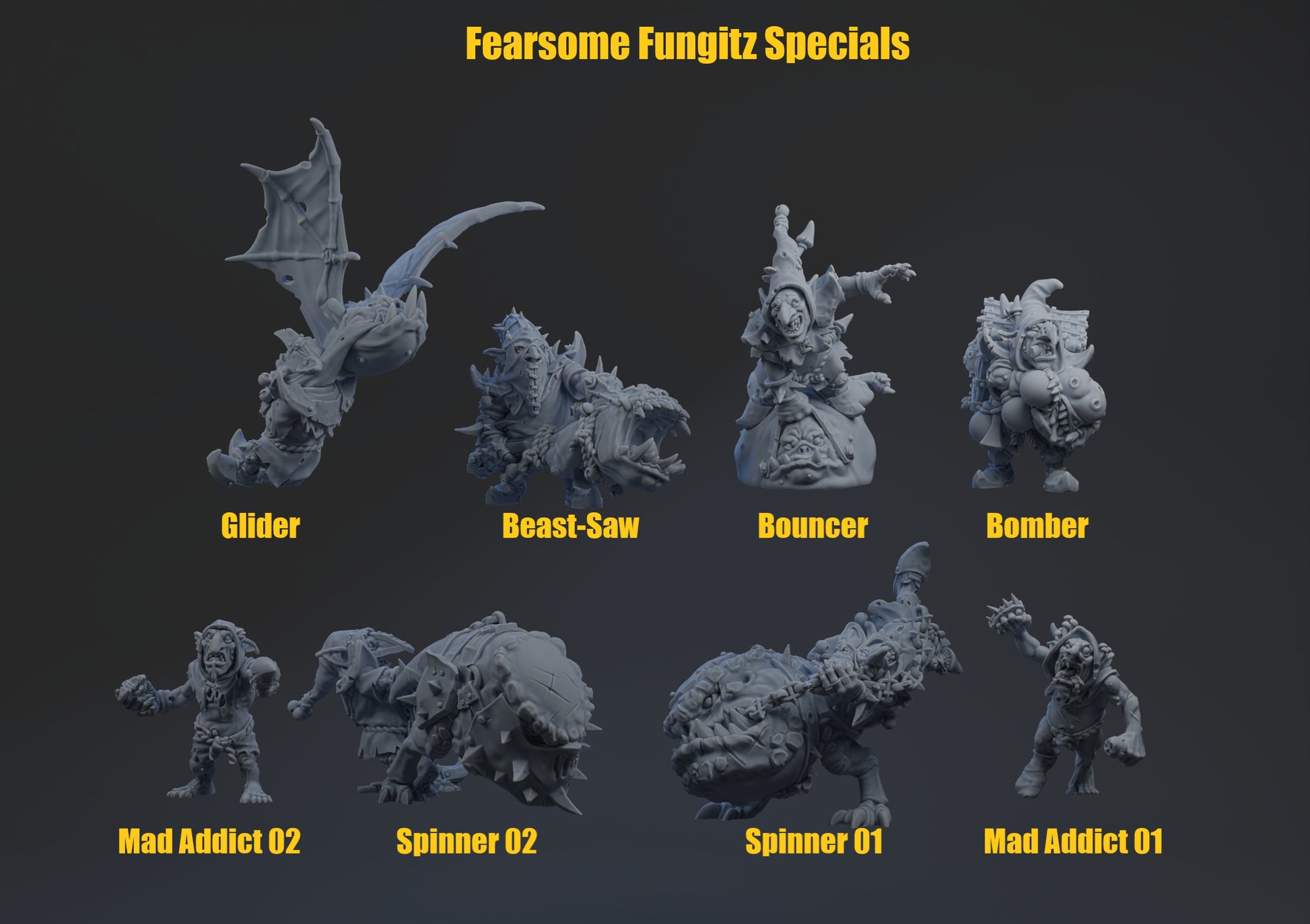 Collection of miniature figurines labeled 'Fearsome Fungitz Specials' on a dark background.