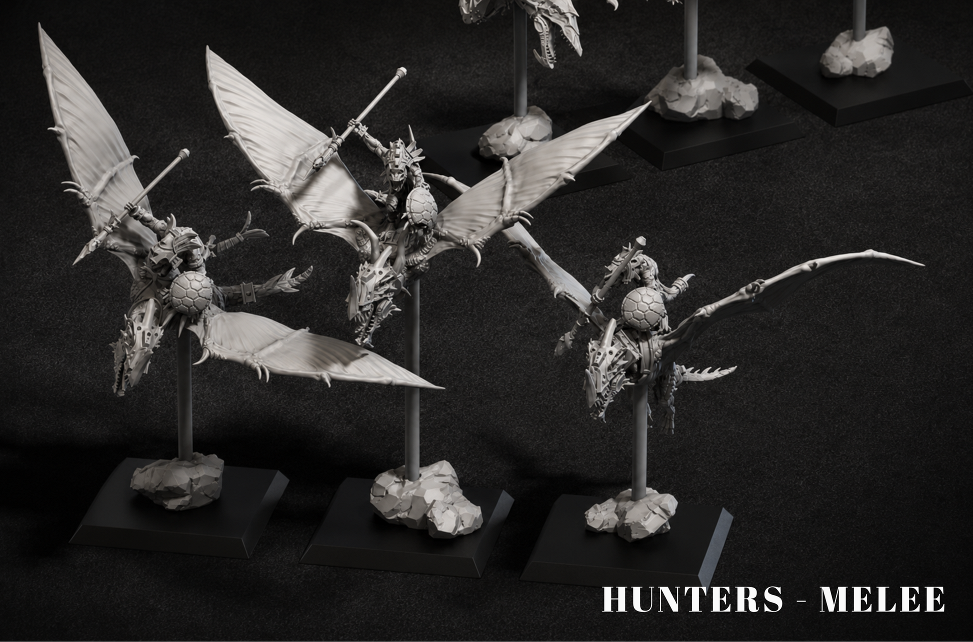 Black and white image of fantasy figurines on stands with 'Hunters - Melee' text.