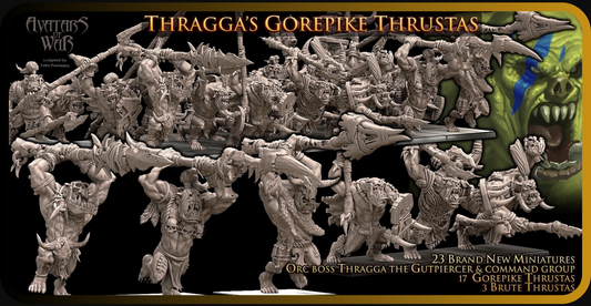 Collection of miniature figurines on a display card with text about 'Thragga's Gorepikes Thrustas'.